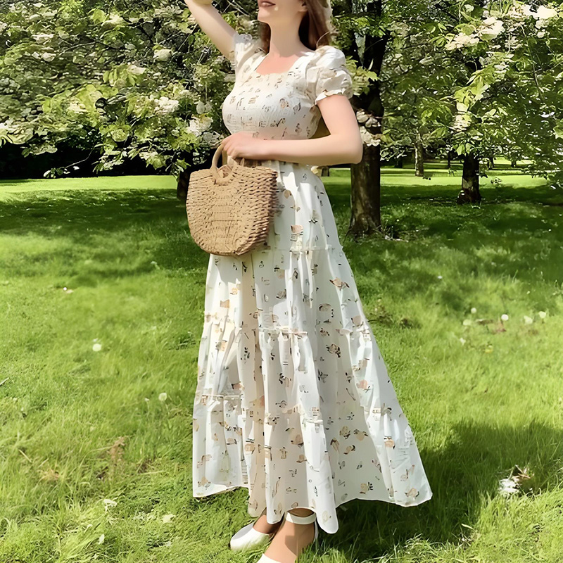 Colorblocked Short Sleeve Square Neck Floral Maxi Dress